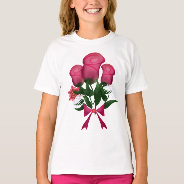 Camiseta Buquê de Rosas Rosa com Fita Floral (Frente)