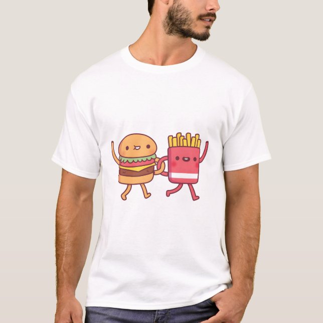 Camiseta Burger Cute E Fries Que Ligam Besties De Braços (Frente)