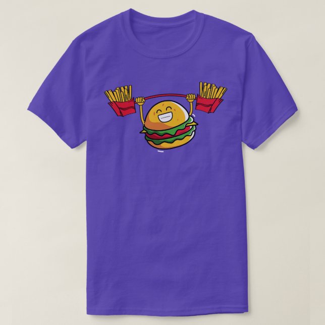 Camiseta Burger Levantando Fries Engraçado Burger (Frente do Design)