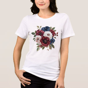 Camiseta Burgundy Azul Marinho Branco Buquê Floral Feminino