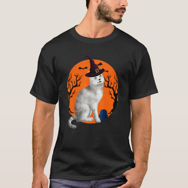Camiseta Burmilla Cat Halloween Witeen Hat E Lua (Frente)