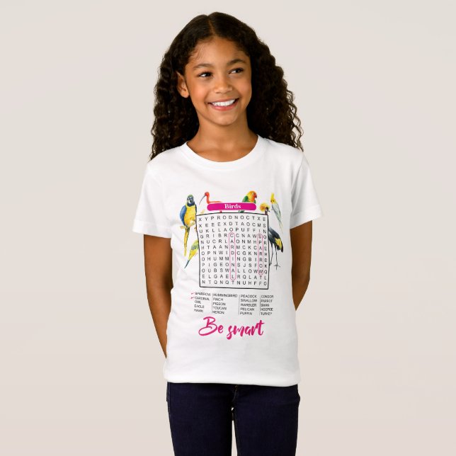 Camiseta "Busca de Palavras de Pássaros para Meninas" "Dive (Frente Completa)