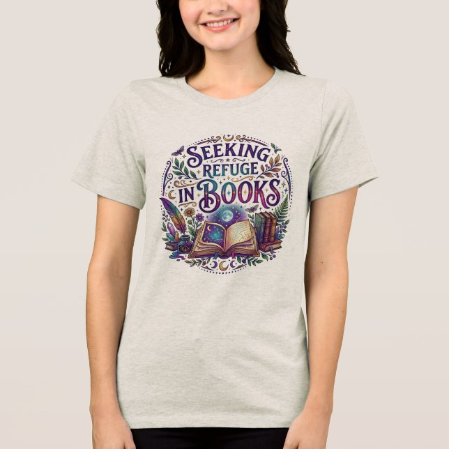 Camiseta Buscando Refúgio em Livros Caprichoso Celestial Mí (Frente)
