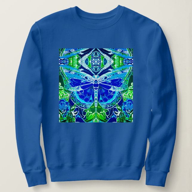 Camiseta Butterfly e Medallion Batik Padrões em Azul (Frente do Design)