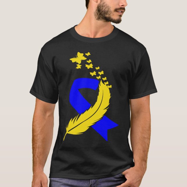 Camiseta Butterfly Feather Ribbon Down Syndrome Family Awar (Frente)