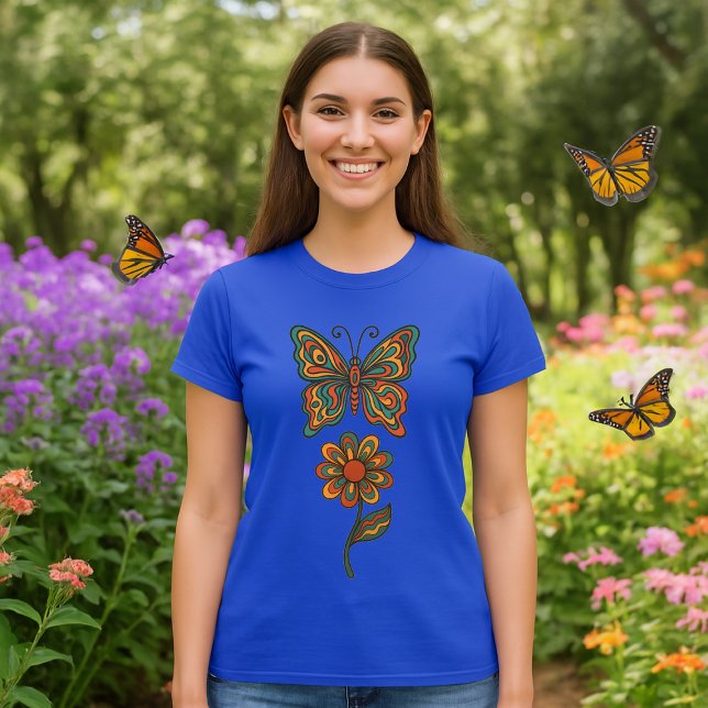 Camiseta Butterfly & Flower Retro 70's Art (Criador carregado)