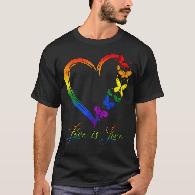 Camiseta Butterfly Heart Rainbow Love is Love LGBT Gay Lesb (Frente)