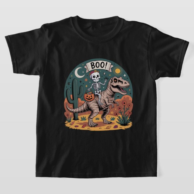 Camiseta Buu! Esqueleto Montando Dinossauro com Doces (Postura )