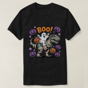 Camiseta Buu! Fantasma Fofo Montando T-Rex Múmia com Abóbor