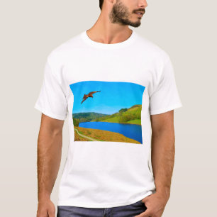 Camiseta Buzzard comum em voo sobre o reservatório de Ladyb