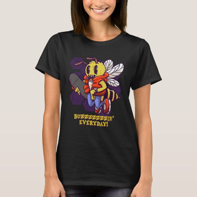 Camiseta Buzzin Everyday Skater Bee Insect Skateboarder Bee (Frente)