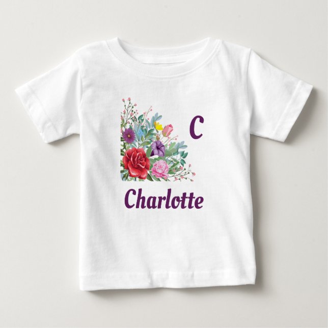 Camiseta C Charlotte Personalize o nome da letra, Rosa Flor (Frente)