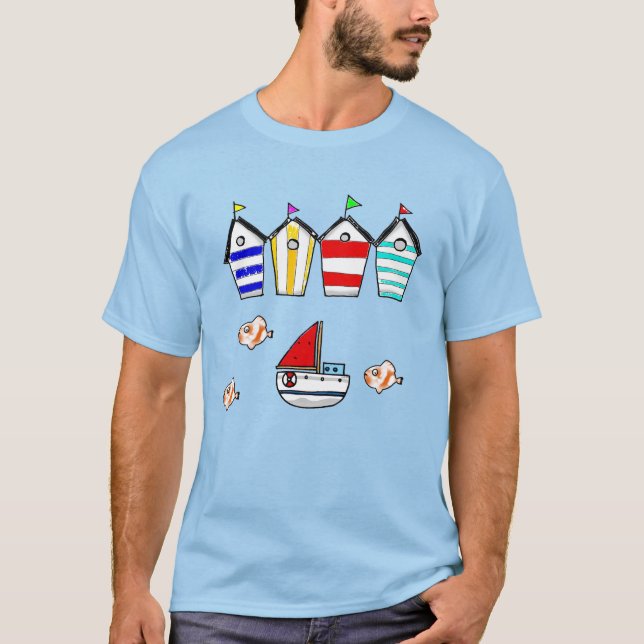 Camiseta cabanas e barco à beira-mar divertidos (Frente)
