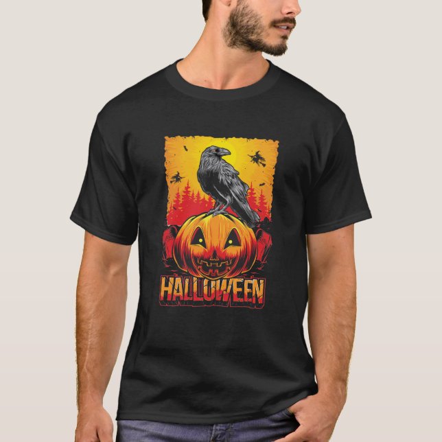 Camiseta Cabeça de Abóbora do Halloween com Corvo (Frente)
