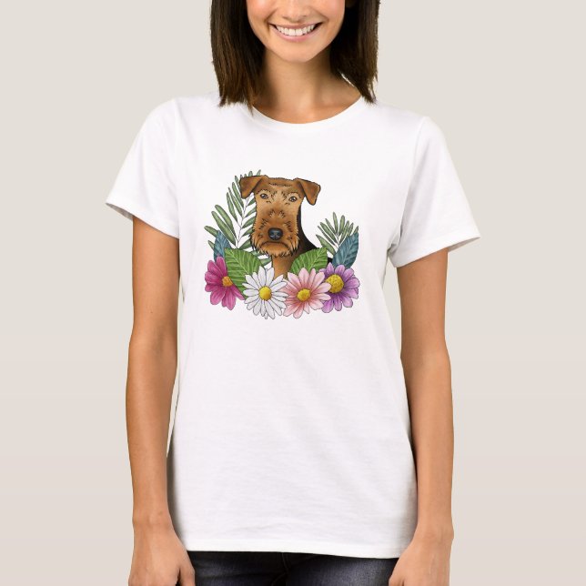 Camiseta Cabeça de Airedale Terrier com Flores Silvestres C (Frente)