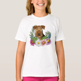 Camiseta Cabeça de Airedale Terrier e Flores da Natureza Fl