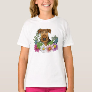 Camiseta Cabeça de Airedale Terrier e Flores da Natureza Fl