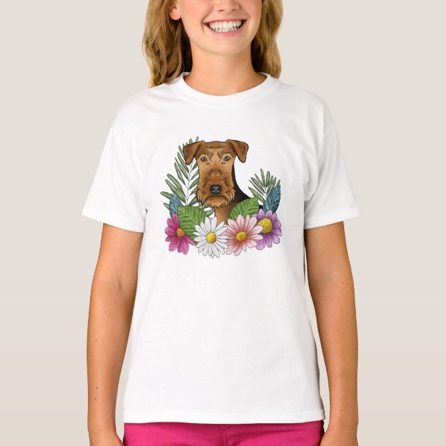 Camiseta Cabeça de Airedale Terrier e Flores da Natureza Fl (Frente)