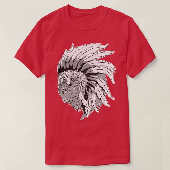 Camiseta Cabeça de búfalo com headdress índio (Frente do Design)