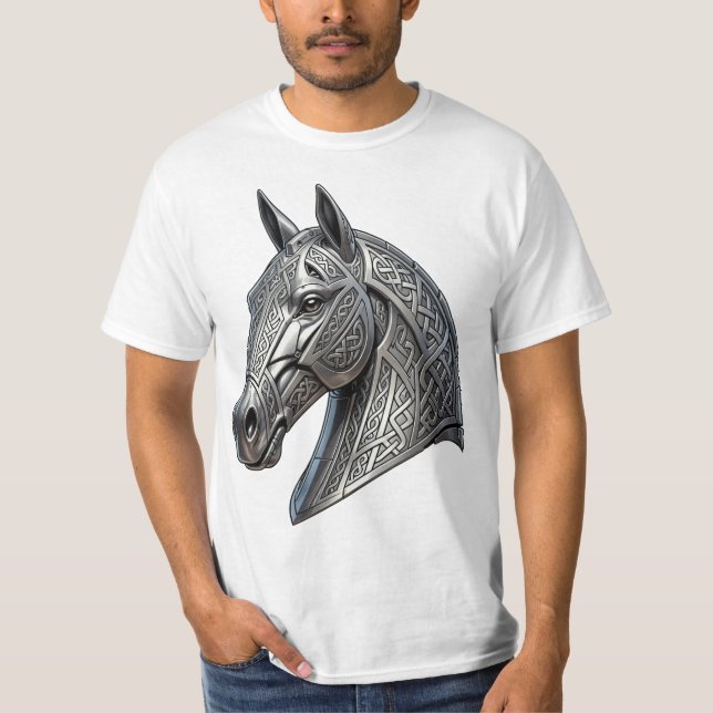 Camiseta Cabeça de Cavalo de Prata Celta Majestosa com Padr (Frente)