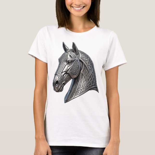 Camiseta Cabeça de Cavalo de Prata Celta Majestosa com Padr (Frente)