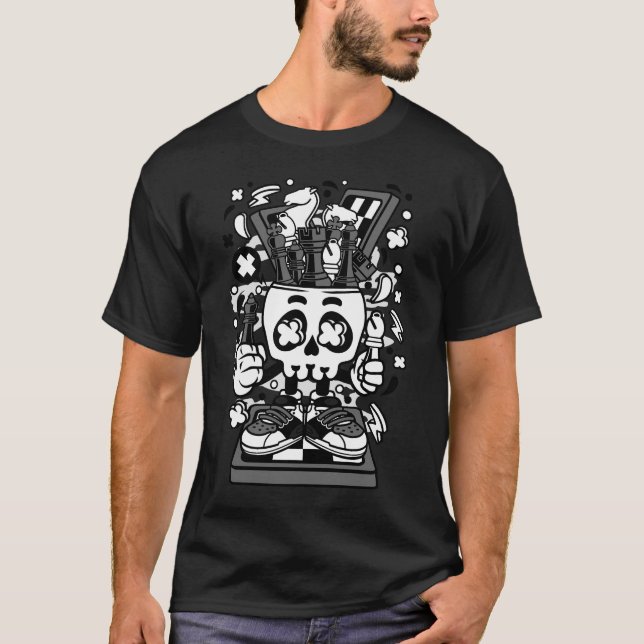 Camiseta Cabeça de Caveira de Xadrez Peça de Jogo Artístico (Frente)