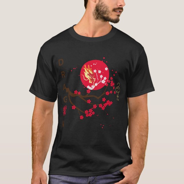 Camiseta Cabeça de dragão na lua vermelha com flor de cerej (Frente)