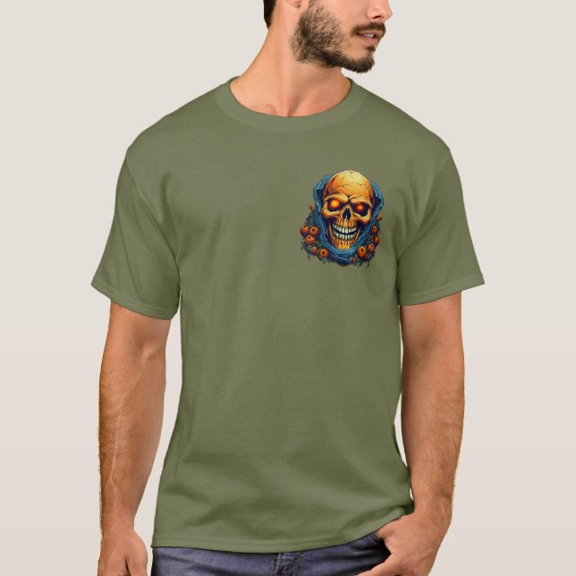 Camiseta Cabeça de Esqueleto Azul com Brilho Laranja de Hal (Frente)