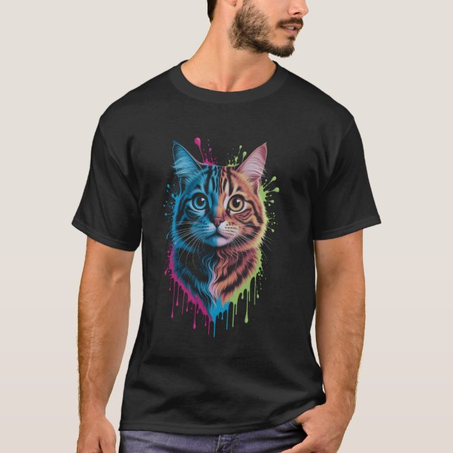 Camiseta Cabeça de Gato Caprichosa com Explosão de Cor (Frente)