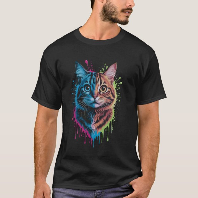 Camiseta Cabeça de Gato Caprichosa com Explosão de Cor (Frente)