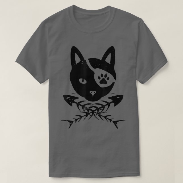 Camiseta Cabeça de gato engraçada com osso de peixe Hallowe (Frente do Design)