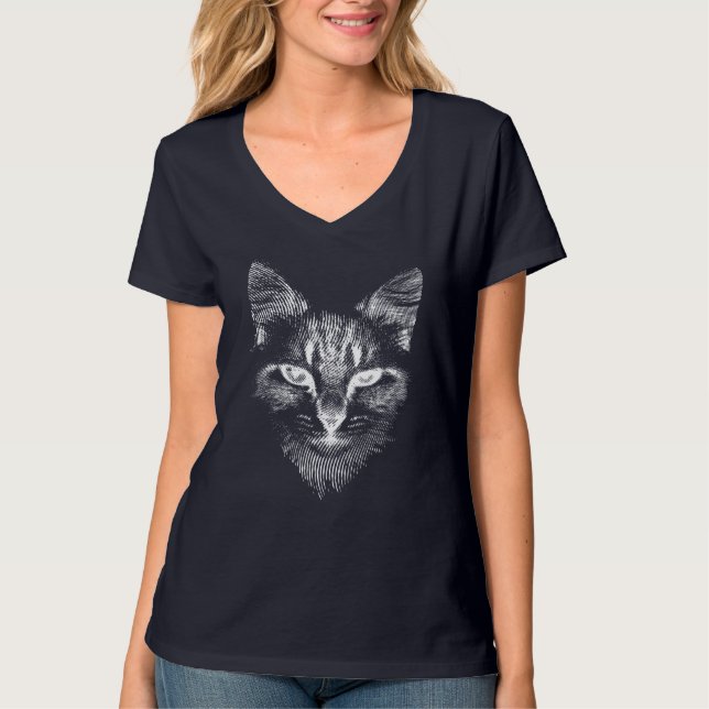 Camiseta cabeça de gato, estilo de linóleo branco para aman (Frente)