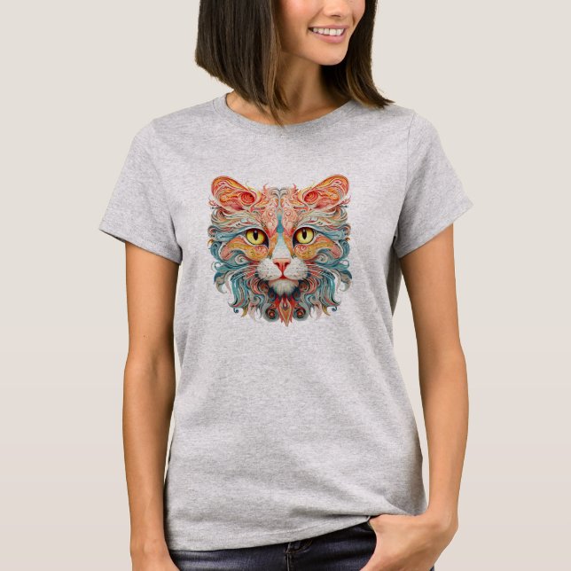 Camiseta Cabeça de Gato Vibrante Design A Burst de Cor para (Frente)