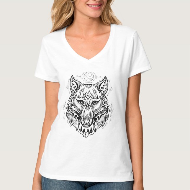 Camiseta Cabeça de lobo com decoração étnica (Frente)