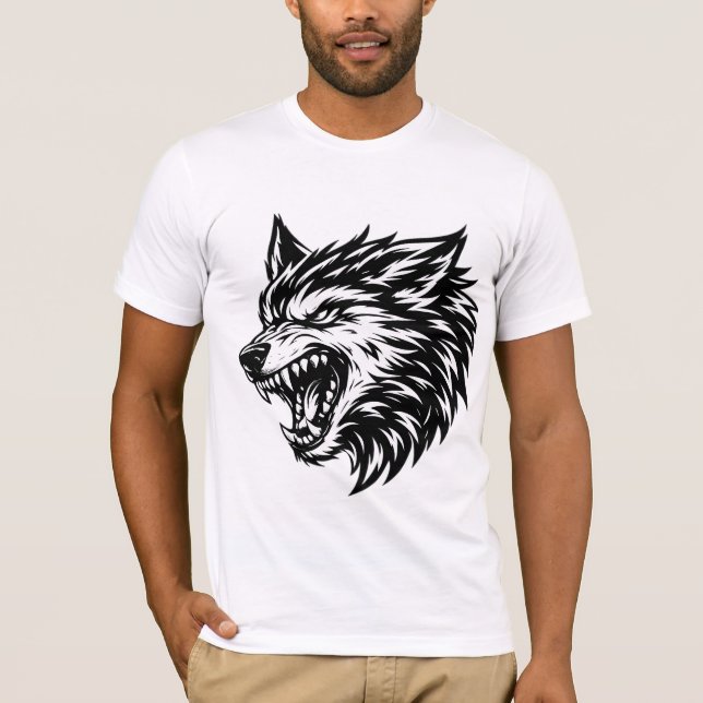 Camiseta Cabeça de Lobo Feroz Negra e Branca em Negrito Lob (Frente)