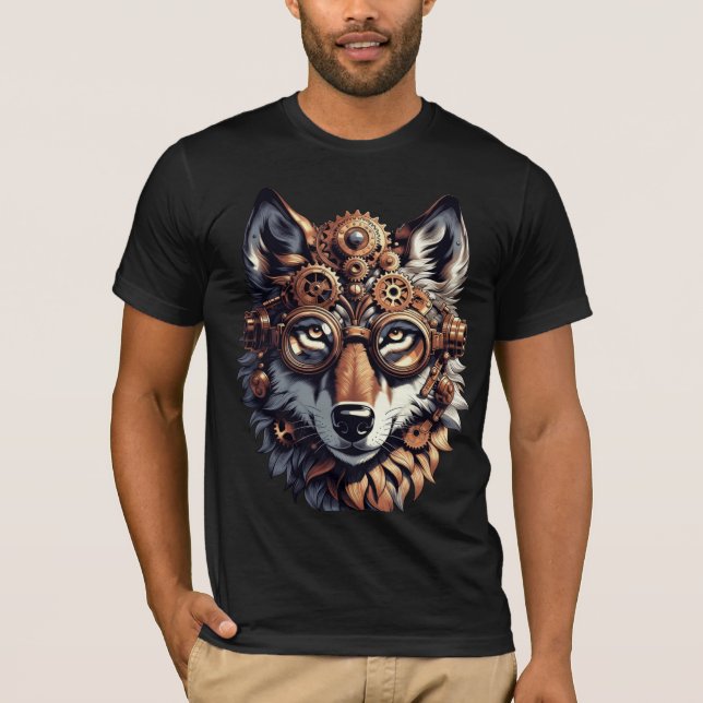 Camiseta Cabeça de Lobo Mecânico Steampunk - Vintage Em (Frente)