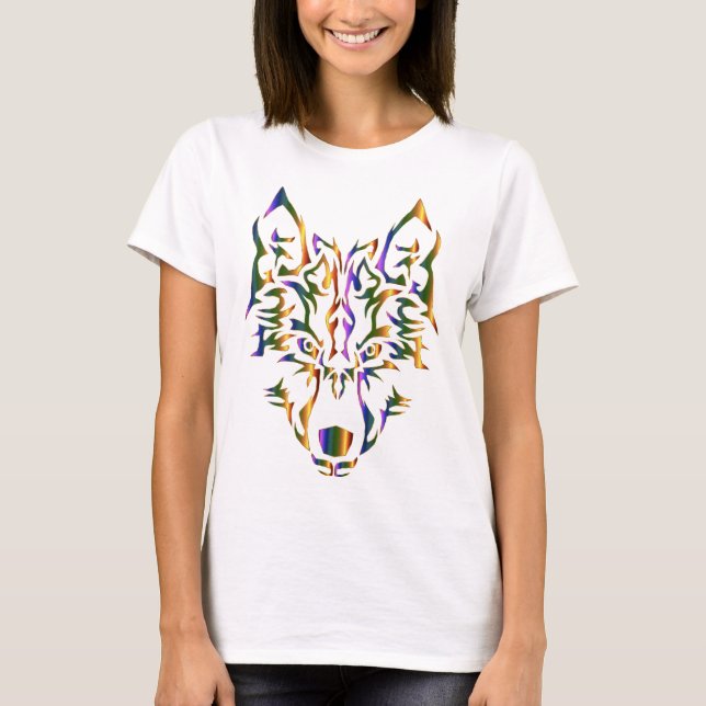 Camiseta Cabeça De Lobo Tribal Arco-Íris (Olhando Para Fren (Frente)