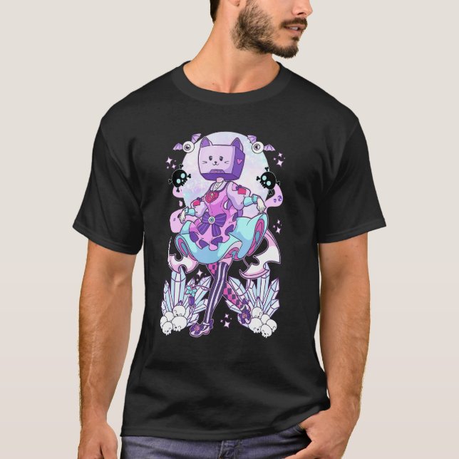Camiseta Cabeça de Objeto Tv Cosplay Pastel Goth Neko Gato  (Frente)