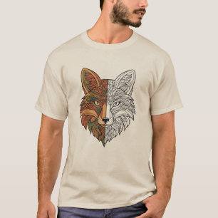 Camiseta Cabeça de Raposa Mística Metade Cor Metade Esboço 