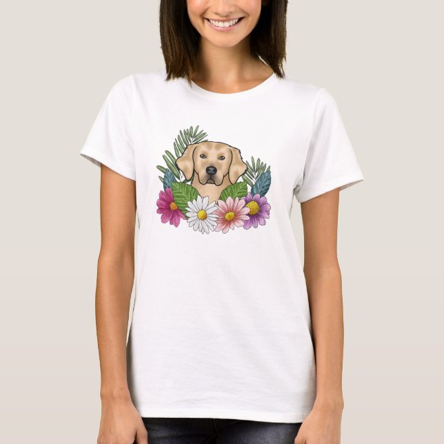 Camiseta Cabeça de Retriever Dourado Amarelo Com Flores Col (Frente)