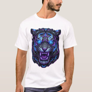 Camiseta Cabeça de Tigre Cyborg Mech Robot Cyberpunk Neon B