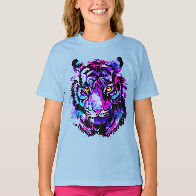 Camiseta Cabeça de Tigre Roxo - Trabalho de arte de Retrato (Frente)