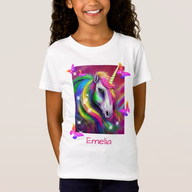 Camiseta Cabeça de Unicórnio Arco-íris Brilhante (Frente)