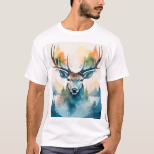 Camiseta Cabeça de veado com chifres e árvores da floresta