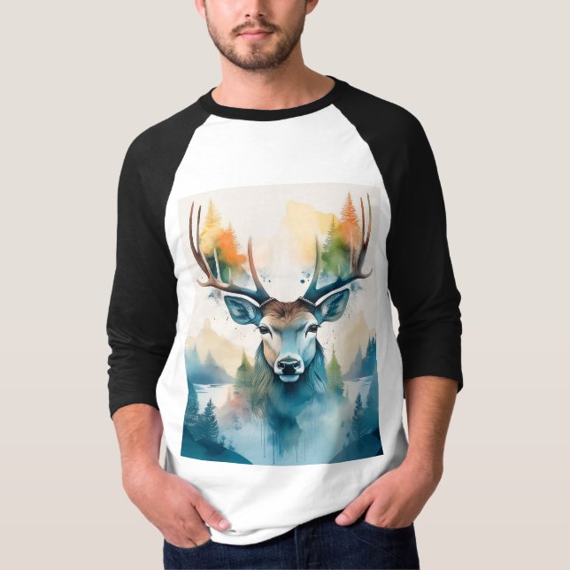 Camiseta Cabeça de veado com galhadas e árvores florestais (Frente)