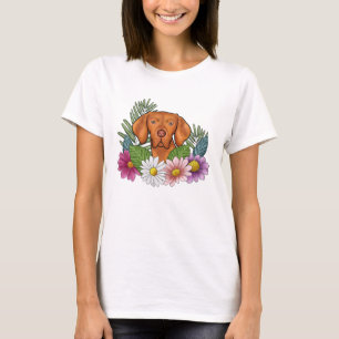 Camiseta Cabeça de Vizsla Húngaro com Flores Coloridas de V
