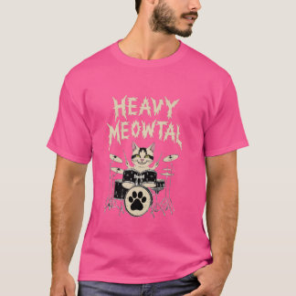 Camiseta Cabeçalho Meowtal Pesado Gift Drummer Cat Brincand