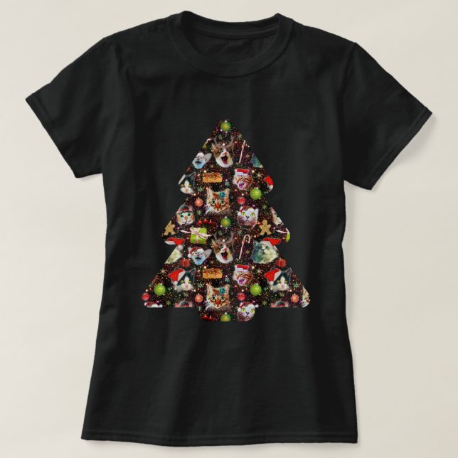 Camiseta Cabeças do gato do Natal na galáxia engraçada da (Frente do Design)