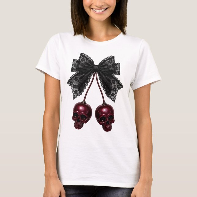 Camiseta Cabeleira Crânio Laço Gótico Cereja (Frente)