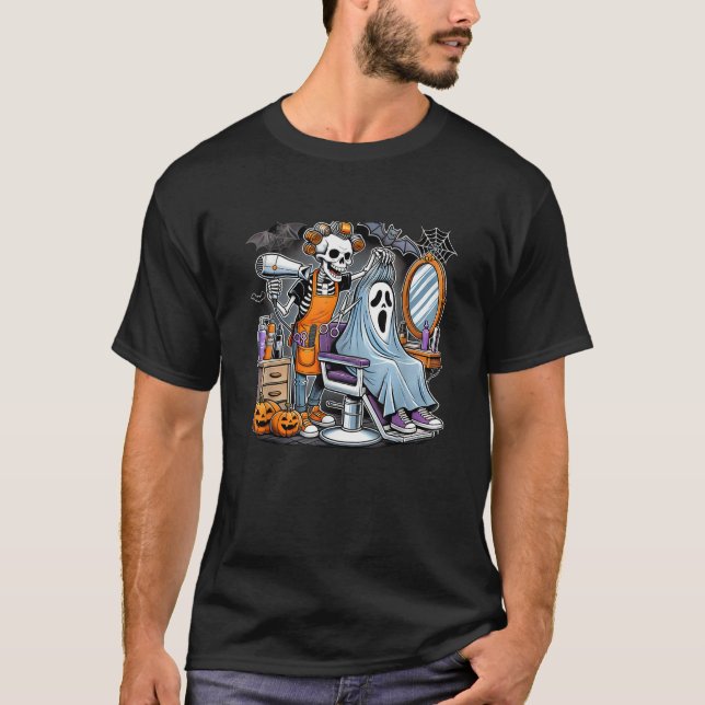 Camiseta Cabeleireiro de Esqueleto de Halloween (Frente)